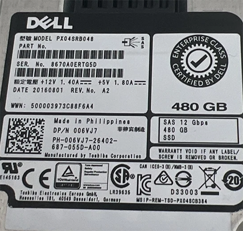 Dell 06VJ7 480GB 6G SAS 12G SSD RI hard disk drive