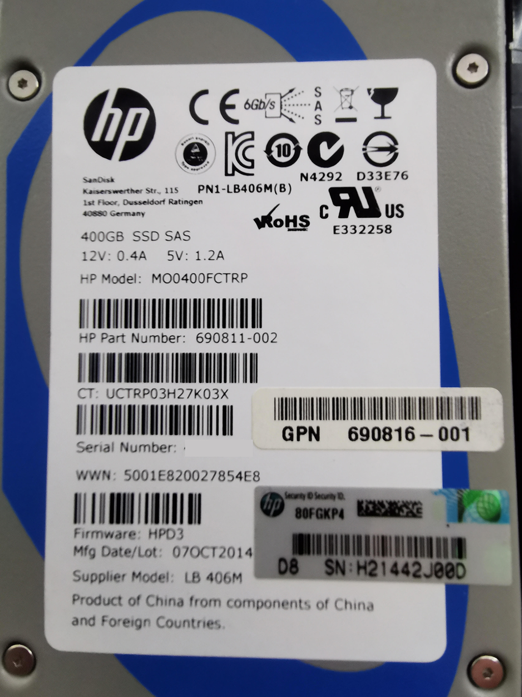 HP MO0400FCTRP 400GB SAS 6G SSD Hard disk drive