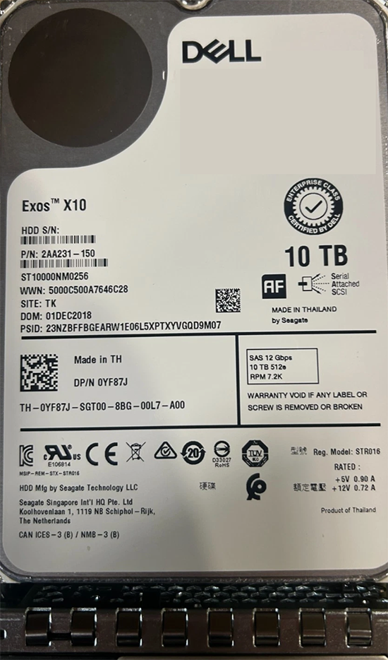 Dell YF87J 10TB 6G 512e 7.2 RPM SAS Hard disk drive